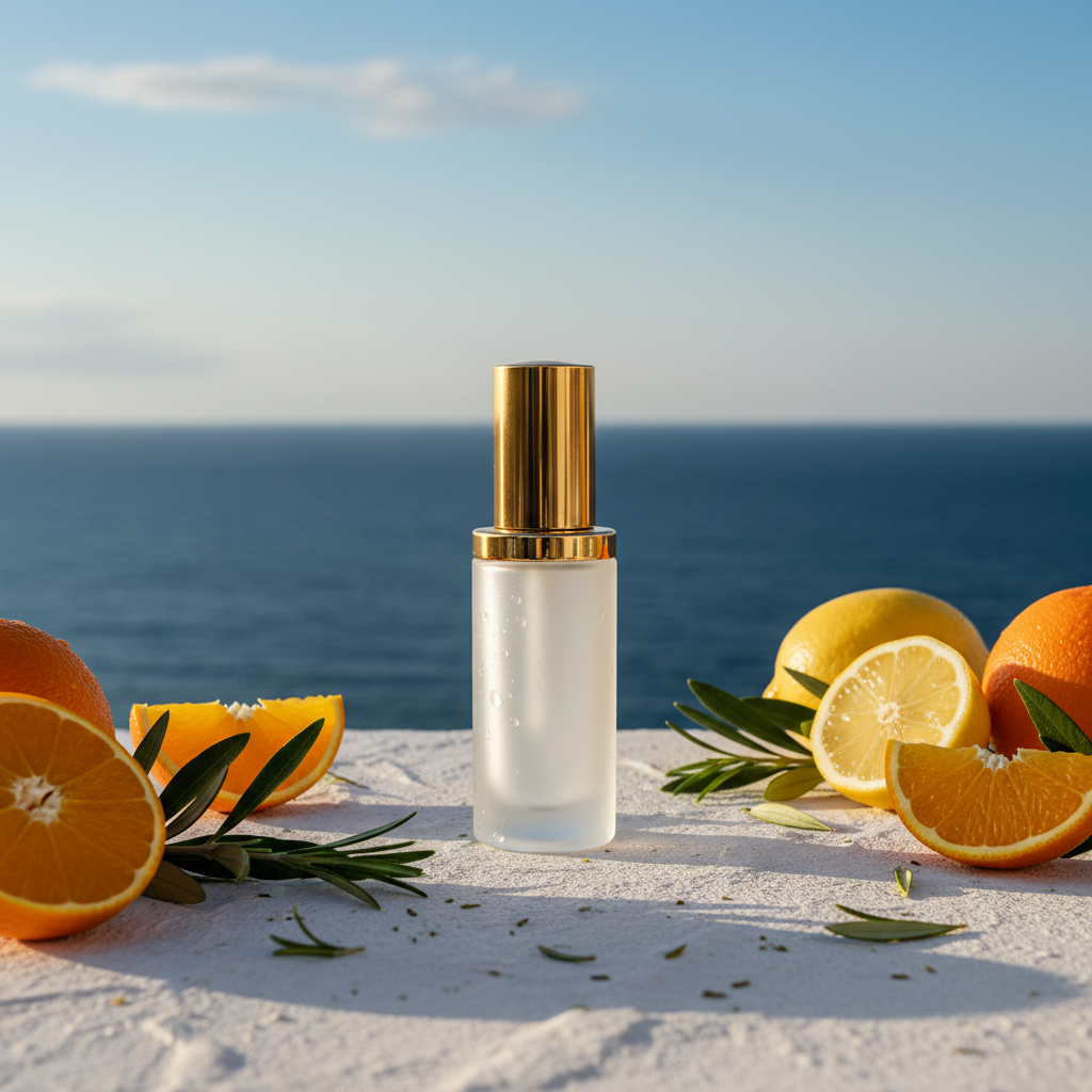 GlowMaxx Retinol Serum on Mediterranean terrace overlooking the sea