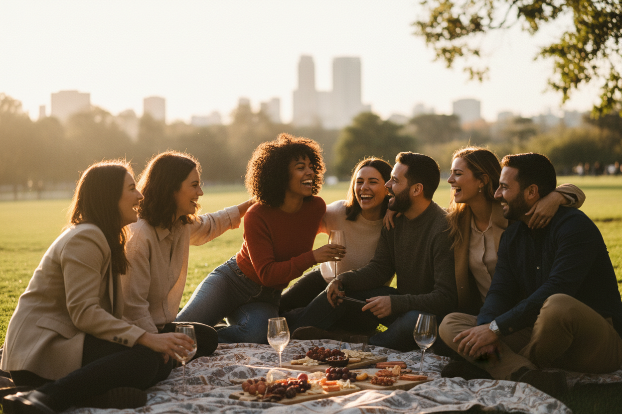 Diverse group socialising outdoors golden hour