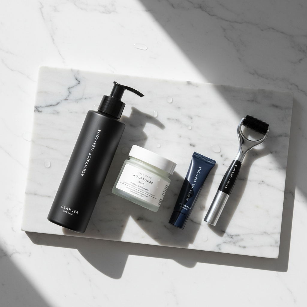 Men's Glow Up Skincare Kit flatlay on white marble surface