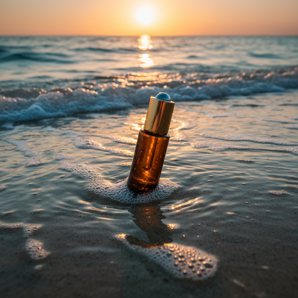 GlowMaxx Eye Serum Roll-On in turquoise ocean at golden sunset