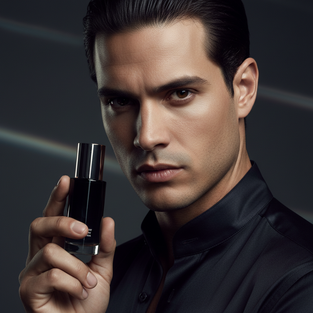 Latino man with sharp features holding GlowMaxx Retinol Serum