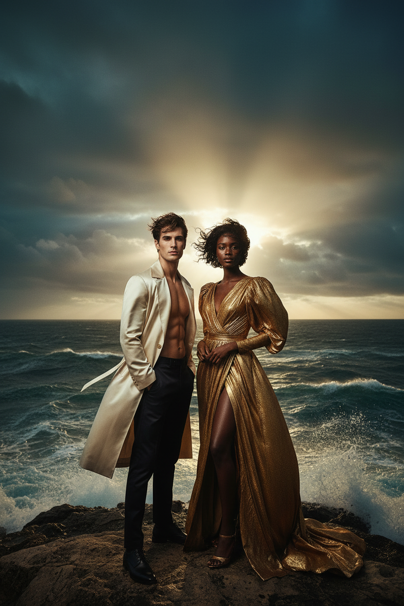Man and woman with glowing skin near the ocean at golden hour, dramatic cinematic lifestyle shot