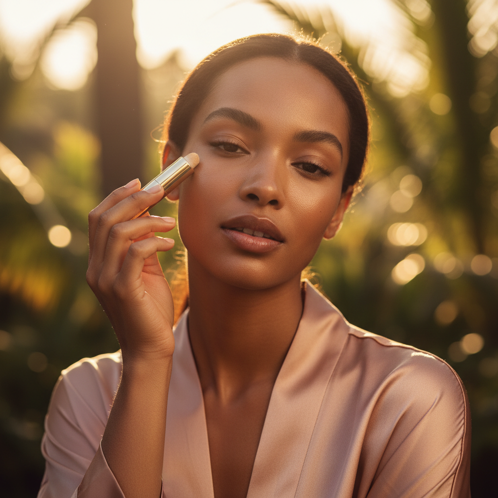 Woman with glowing skin applying GlowMaxx Eye Serum Roll-On