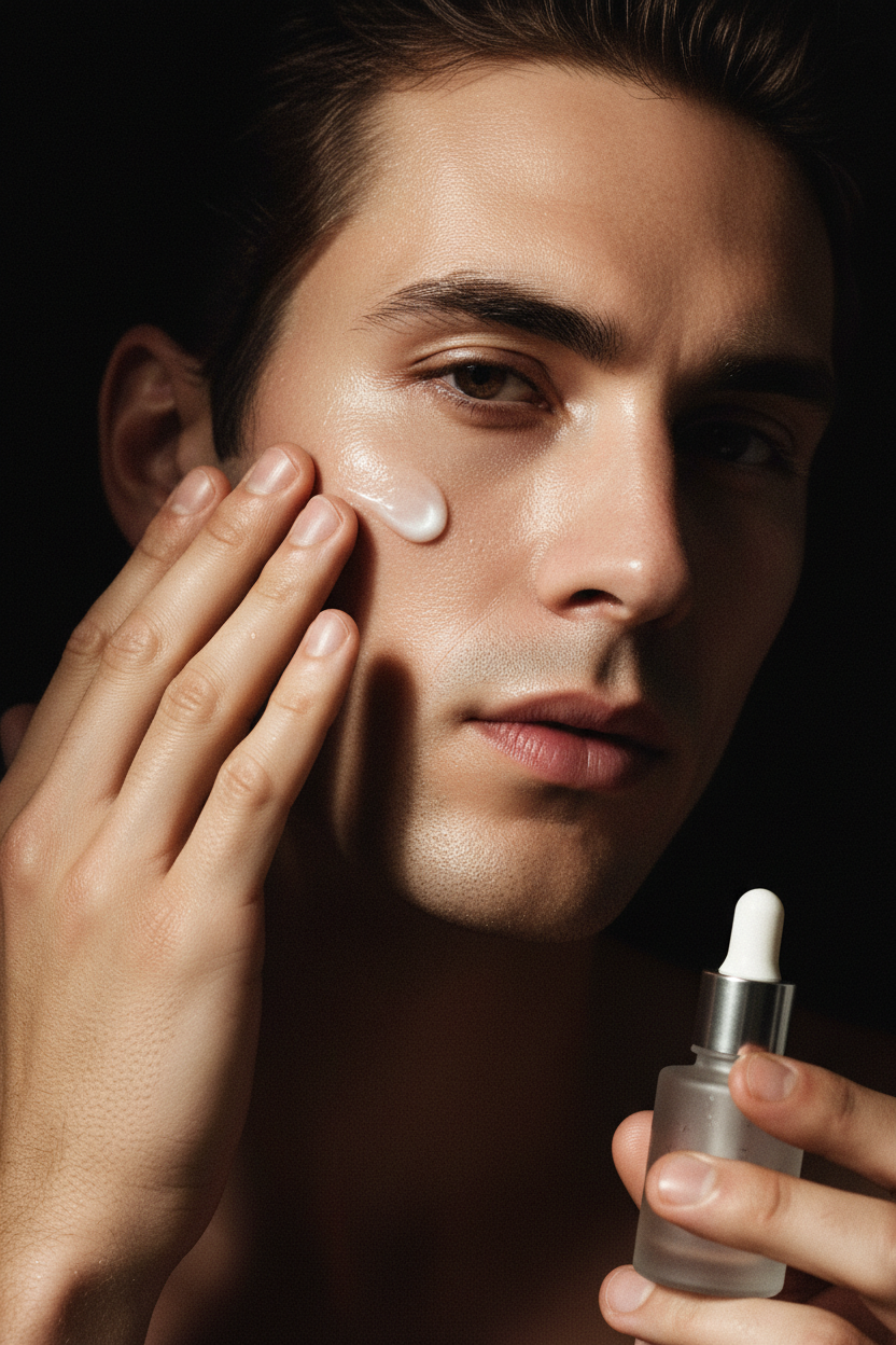 Lifestyle shot - man with glowing skin on dark background