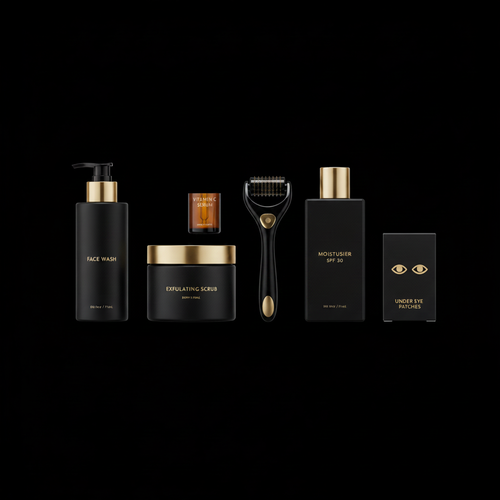 Glow Up Kit flat lay with derma roller on black background
