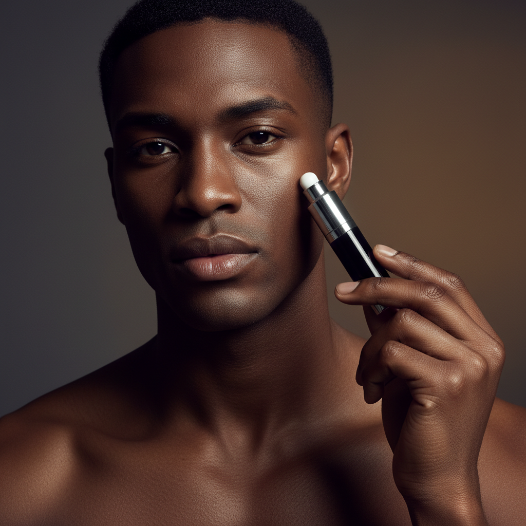 Man with chiselled jawline holding GlowMaxx Eye Serum Roll-On