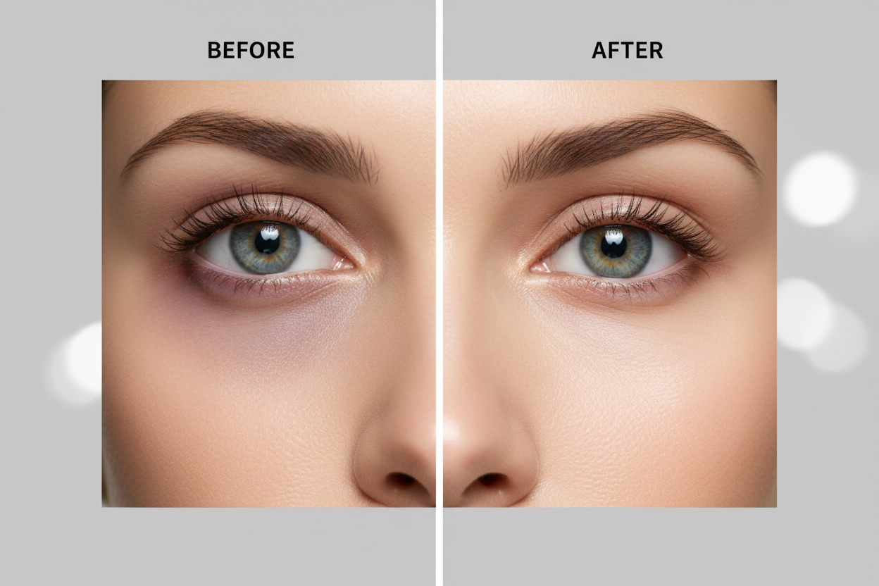 Before and after using GlowMaxx Brightening Eye Serum Roll-On